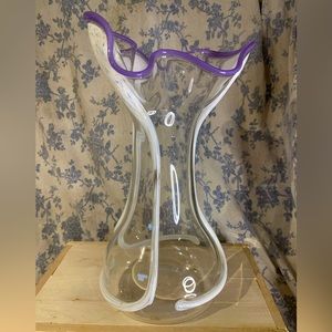 VTG Free Form Art Glass Vase With Purple and Speckled White & Blue Details 11.5"